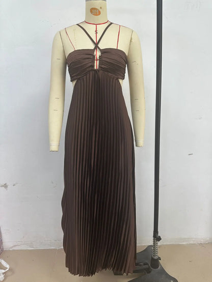 2025 New Women's Fashionable and Elegant Summer Camisole Beach Vacation Long Dress Elegant Backless Pleated Long Dress