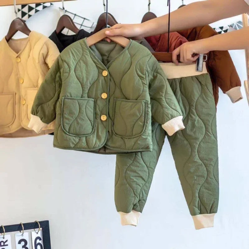 Winter Cute Girls Quilted Warm Clothes Sets Kids Boys Thicken Pullover and Thick Pants 2pcs Sets Boy Warm Suit for Kindergarten