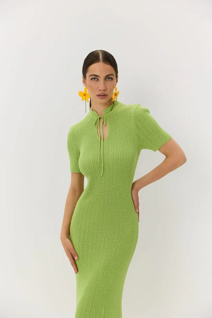 Retro Knitted Long Dress Female Short Sleeve Slim Hollow Retro Elegant Sweater Dress 2025 Summer High Waist Woman Dress