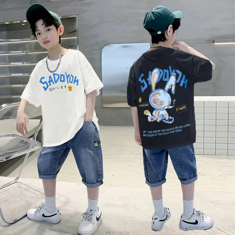 Summer Boys Clothes Set Tshirts + Denim Shorts 2PCS Sport Suit For Teenage Child Clothing Tracksuit Kids Short Sleeve Outerwear