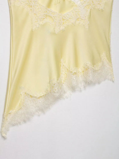 Women Fashion Lace Patchwork Straps Top Irregular Hem Spaghetti Straps V-Neck Hollow Sexy Tops 2026 Summer Night Date Wear