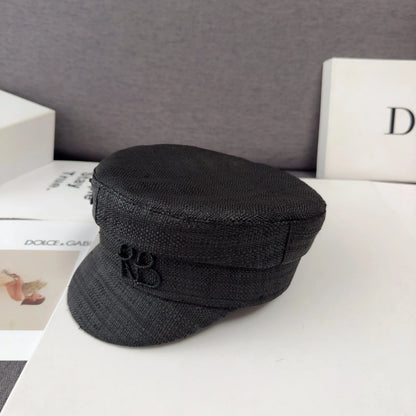 British Women’s Straw Newsboy Cap Summer Flat Top Sun Hat Spring Summer Raffia Handmade Monogram Embellished Baker Boy Cap