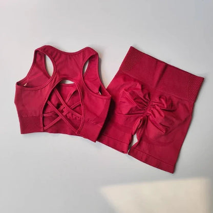 Women's yoga exercise set, paired with cross gathered back and high waisted hip lifting sports shorts