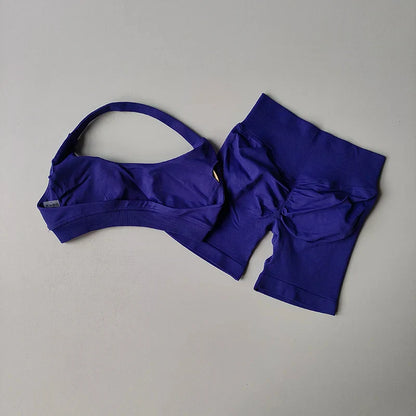 Sexy Halter Neck Beautiful Back High Waist Peach Sports Bras Shorts Suit Pilates Gathering Yoga Vest Training Fitness Bra Sets