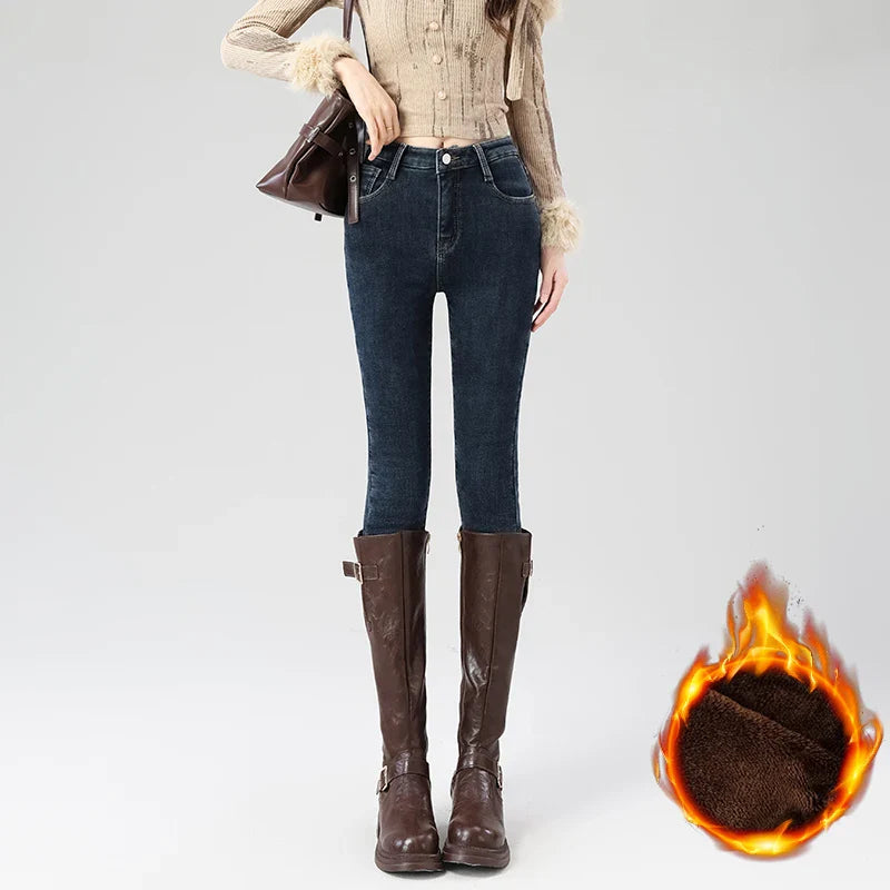 Women's Fleece Warm Winter Jeans Thicken Elastic Skinny Pencil Pants Fashion Korean Slim Plush Thermal Leggings Trousers