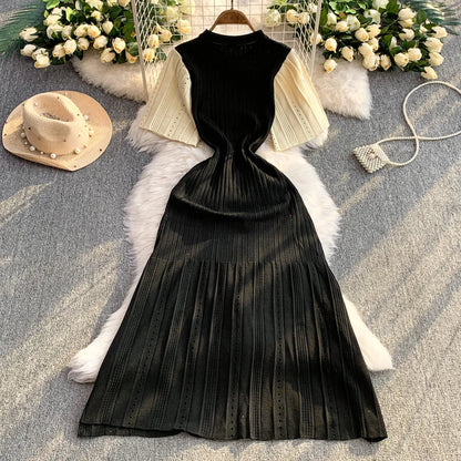 Women Dress 2026 Spring and Summer Elegant Patchwork One-Piece Knitted Maxi Dress Office Lady Slim Waist Sweater Dress