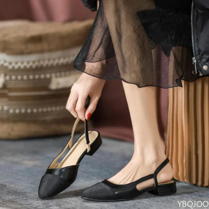 Summer Fashion Color Blocked Flat Bottom Coarse Heel Women's Sandals New Small Fragrant Style Shallow Mouth Low Tailored Shoes