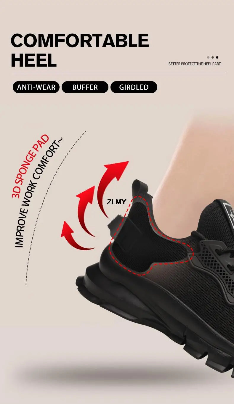 Black Safety Shoes Men Steel Toe Sneakers Lightweight Puncture Proof Work Safety Boots Man Breathable Working Shoes Anti-smash