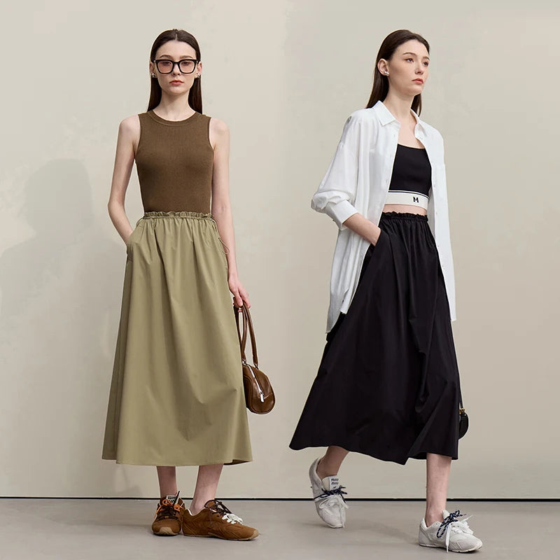Women's Skirt 2026 Summer New Ruffle Hem Elastic Waist A-Line Midi Skirt Casual Outdoor Loose Fit Skirt For Women 12622013