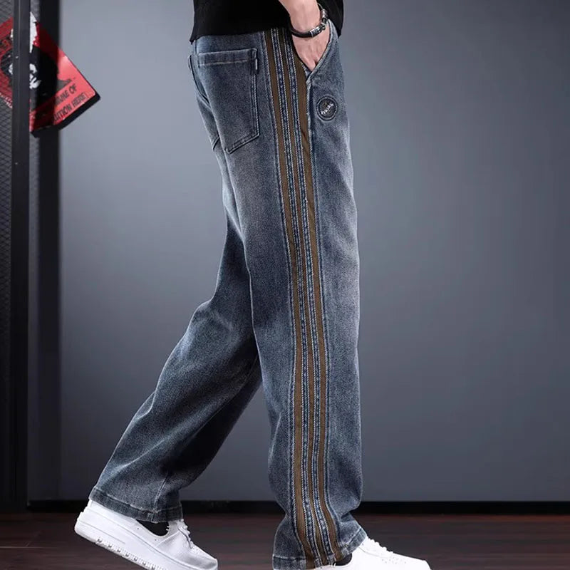 Korean Men'S Jeans Fashion Casual Pants Retro Men'S Straight Leg Pants Side Striped Denim Drawstring Pants