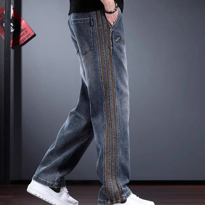 Korean Men'S Jeans Fashion Casual Pants Retro Men'S Straight Leg Pants Side Striped Denim Drawstring Pants