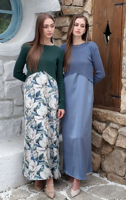AS SS26 Luxe elegance slip satin dress + knitted top woman clothing set adjustable maxi floor length