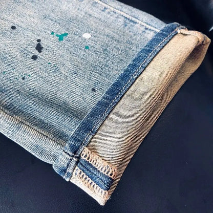High-quality Blue Jeans Men's 2025 Spring and Summer European Wear Cargo Brand Letter Printing Ink Splashing Straight-leg Pants