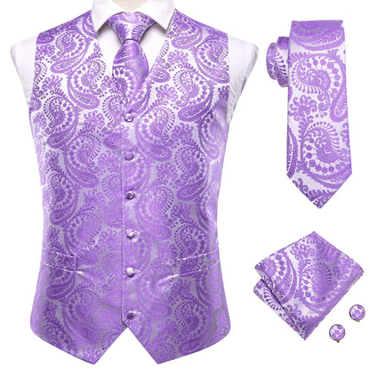 Purple Silk Mens Waistcoat Tie Set Sleeveless Jacket Suit Vest Necktie Hanky Cufflinks Wedding Business Oversized