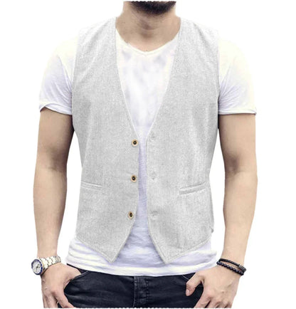 V Neck Men's Linen Vest Single Breasted Vintage Real Pocket Men's Summer Linen Waistcoat For Wedding