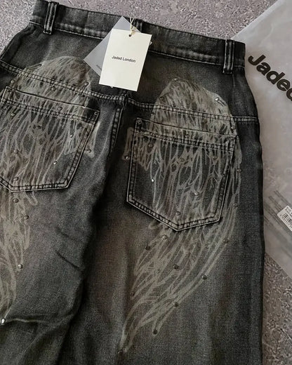 Cowboy shorts with rivet design and street wing pattern fashionable high waisted wide leg pants for Y2K knee length pants