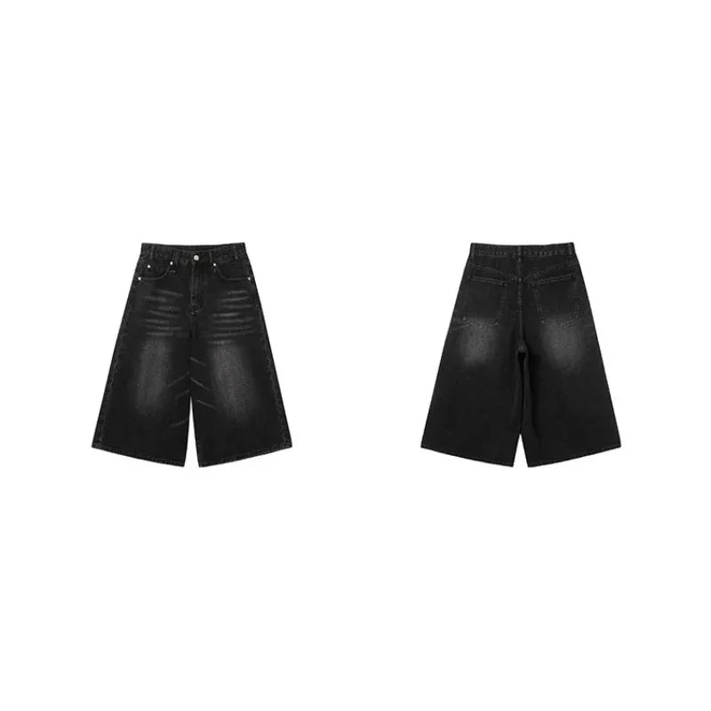2026 Y2k Retro Women Low Rise Jorts Brushed Black Wash Cropped Baggy Jeans Wide Leg Frayed Denim Short Pants Fashion
