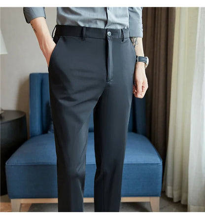 Mens Dress Pants Trousers 2025 Summer New Thin Breathable Solid Casual High Elastic Slim Fit Suit Pants Streetwear Men Clothing