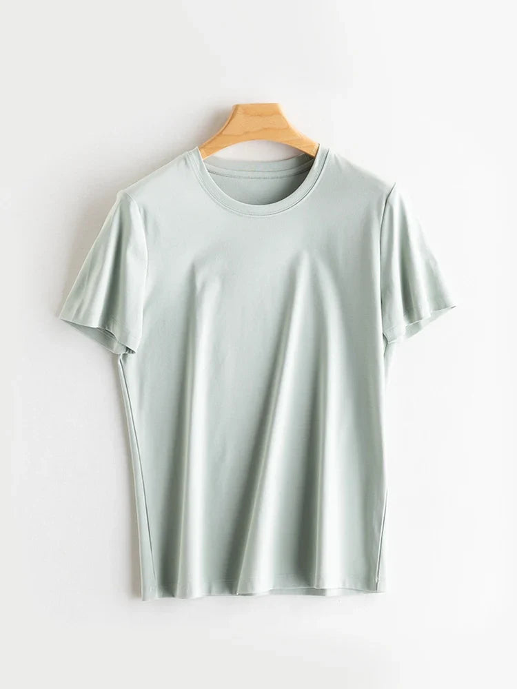 Women Solid T shirts, Silk Cotton Blend, O Neck, Short Sleeved Solid Tee,2025 Summer Candy Colors Basic Cozy Top Green