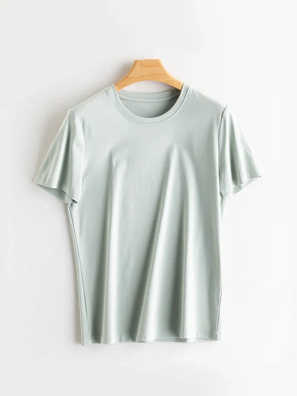 Women Solid T shirts, Silk Cotton Blend, O Neck, Short Sleeved Solid Tee,2025 Summer Candy Colors Basic Cozy Top Green