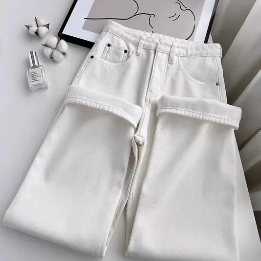High Waist White Fleece Lined Straight Leg Jeans for Woman Y2k Pants Winter Loose Fit Wide Leg Trousers with Flowy Hem