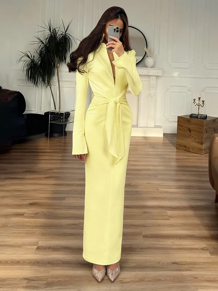 Sexy Maxi Dress Women Shoulder Padded Zip Wrapped Bandage Long Sleeve Slit Elegant Solid Office Simple Skinny Bodycon