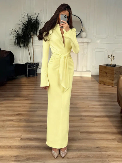 Sexy Maxi Dress Women Shoulder Padded Zip Wrapped Bandage Long Sleeve Slit Elegant Solid Office Simple Skinny Bodycon