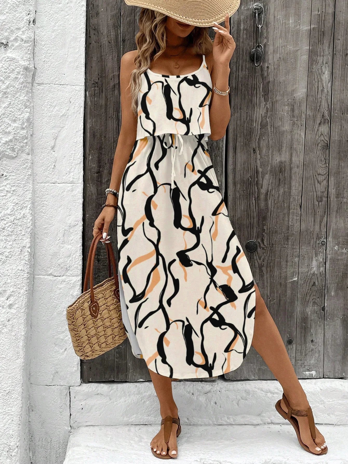 Women's Summer Spaghetti Strap Dress with Belt & Side Slit - Casual Sleeveless Flowy Dress
