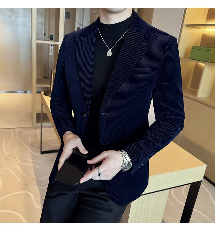 Stripe Suit Jacket For Men Autumn Winter Business Slim Fit Tailcoat Formal Wedding Party Fashion Casual Suit Coat 4XL-M
