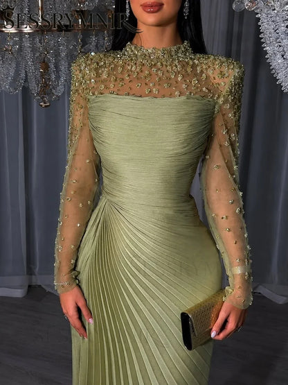 Women'S Formal Evening Gowns Customize Scoop Neck Beading Luxury Evening Dresses Long Sleeves Straight Floor-Length