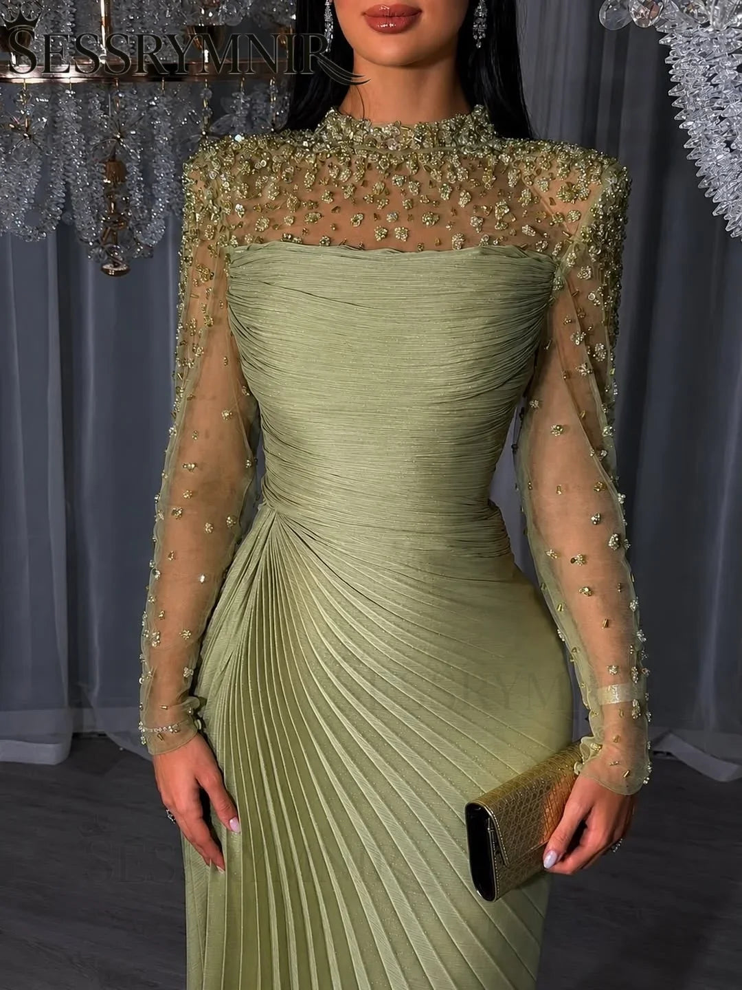 Women'S Formal Evening Gowns Customize Scoop Neck Beading Luxury Evening Dresses Long Sleeves Straight Floor-Length