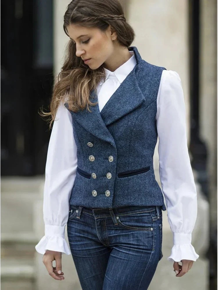 Women Vest Gray Fashion Vintage Herringbone Double Breasted Slim Fit Sleeveless Jacket Suits Profession Casual Work Vest Women