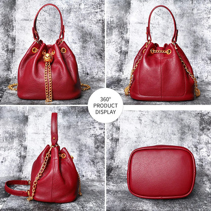 New Vintage Fashion Chain Bag Genuine Leather Multi-Way Bucket Bag for Women Compact Stylish Crossbody Purse