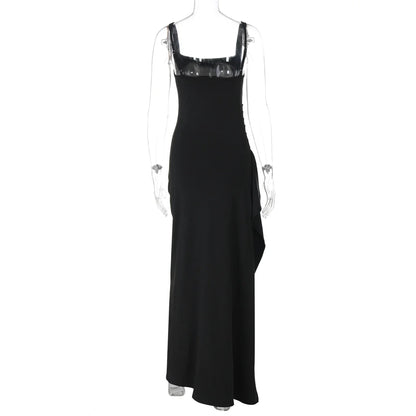 Women Elegant Solid Straps Slit Ruched Patchwork Sexy Bodycon Maxi Dress Summer Outfits Evening Party Birthday Festival