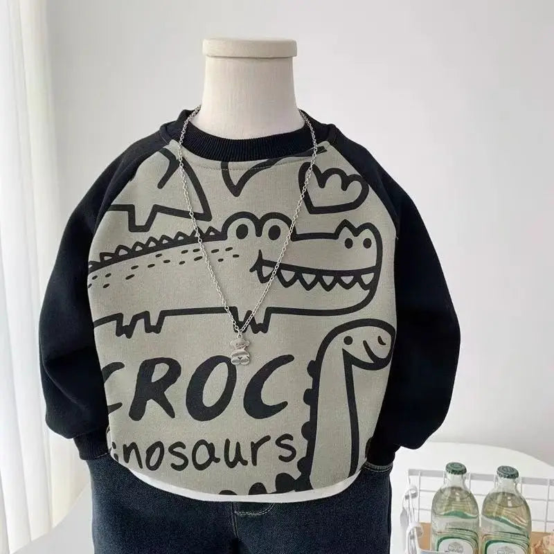 Children's Clothing for Boy One Piece Fleece Hoodie Autumn/Winter 2026 New Boys' Cartoon Dinosaur Top Thick Pullover Sweater
