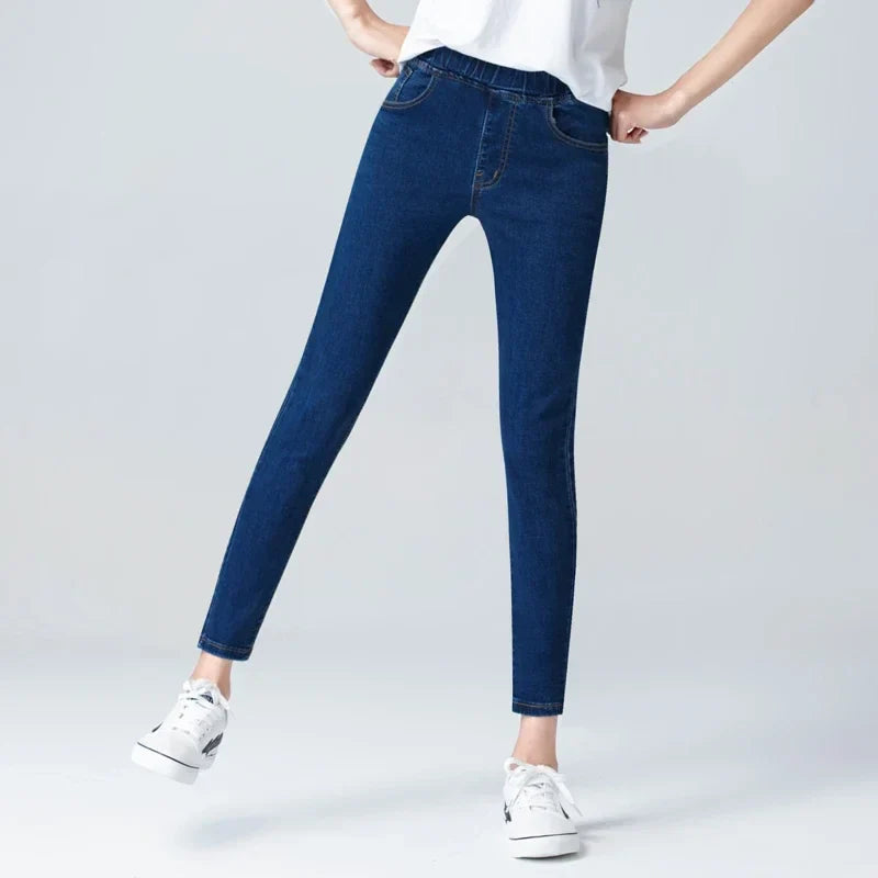 Stylish Women's Pocket Skinny Stretch Jeans 5XL 6XL Stretch High Waist Tight Fashion Denim Trousers for Women Blue Black