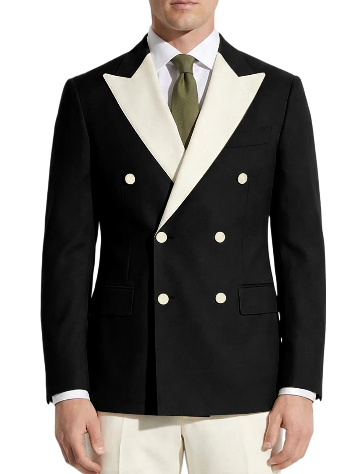 Classic Men's Tuxedo Jacket White Peak Lapel Patched Double Breasted Slim Fit Blazer for Business Formal Wedding Groom Prom Coat