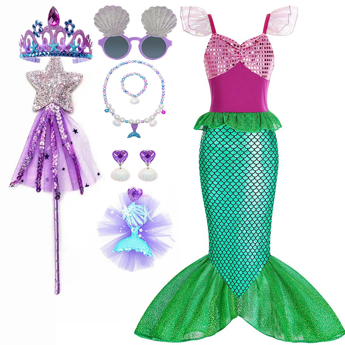 Halloween Little Mermaid Ariel Princess Costume Summer Purple Dress Girls Cosplay Mermaid Carnival Birthday Party Swimsuit Set