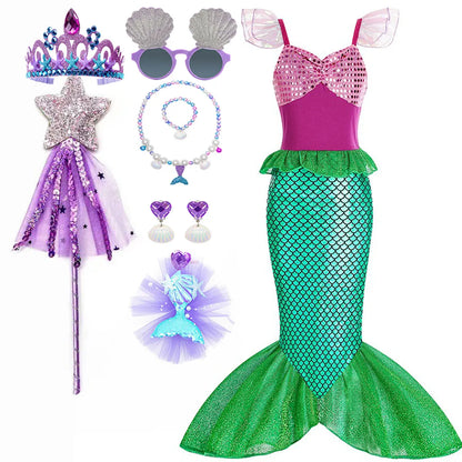 Halloween Little Mermaid Ariel Princess Costume Summer Purple Dress Girls Cosplay Mermaid Carnival Birthday Party Swimsuit Set