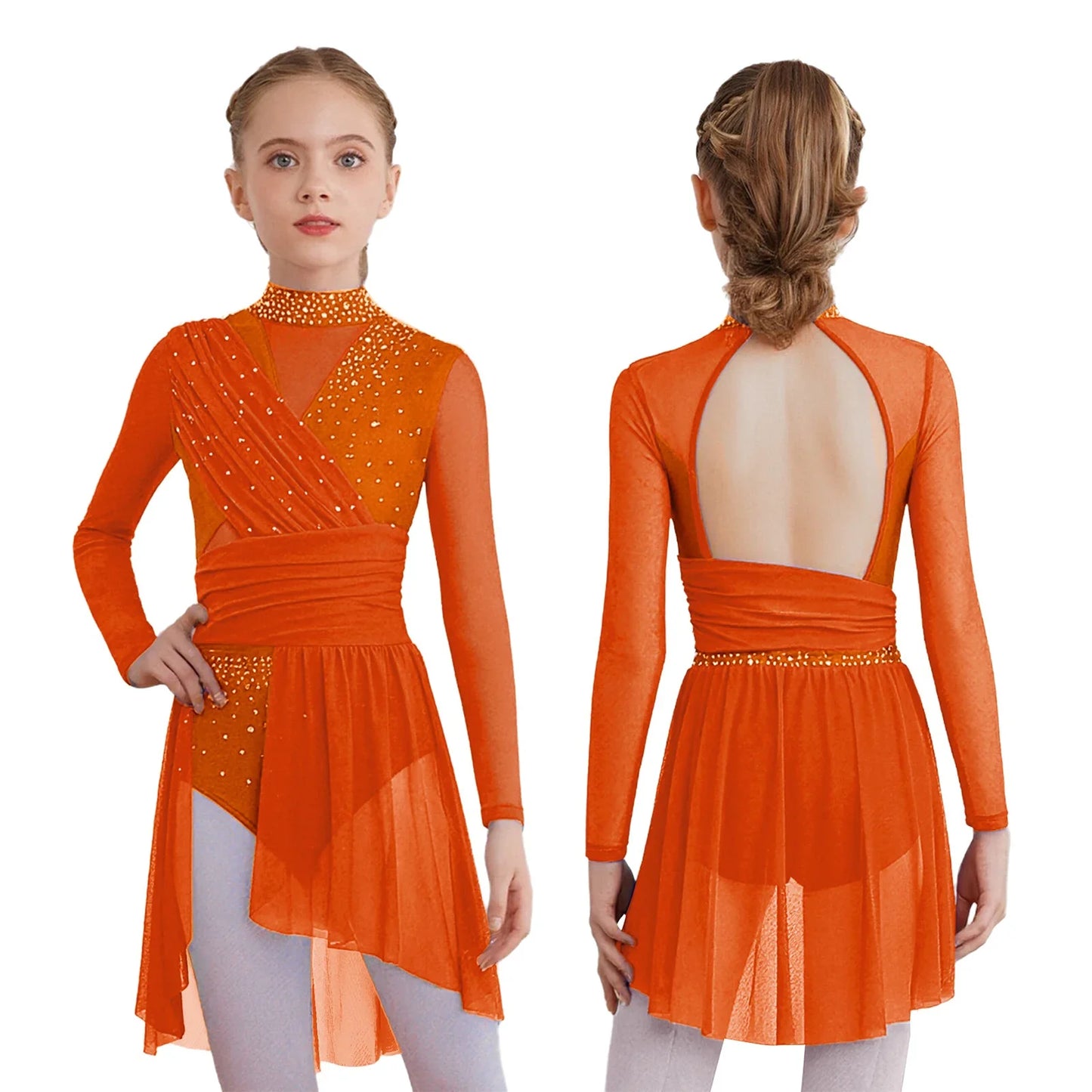 Kids Girls Gymnastics Figure Skating Ballet Lyrical Dance Costume Dress Side Split Sheer Mesh Ruched Glittery Rhinestones Dress