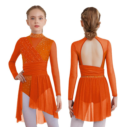 Kids Girls Gymnastics Figure Skating Ballet Lyrical Dance Costume Dress Side Split Sheer Mesh Ruched Glittery Rhinestones Dress