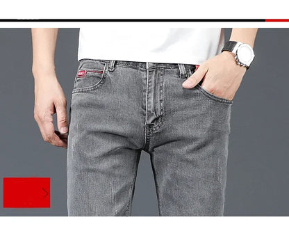 2025 New Men's Cotton Business Casual Skinny Jeans Trendy Fashionable Stretch Straight Slim Denim Trousers Male Blue Grey