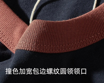 Autumn New American Retro Long Sleeve O-neck Contrast Splicing T-shirt Men's Fashion 100% Cotton Washed Old Casual Sport Tops