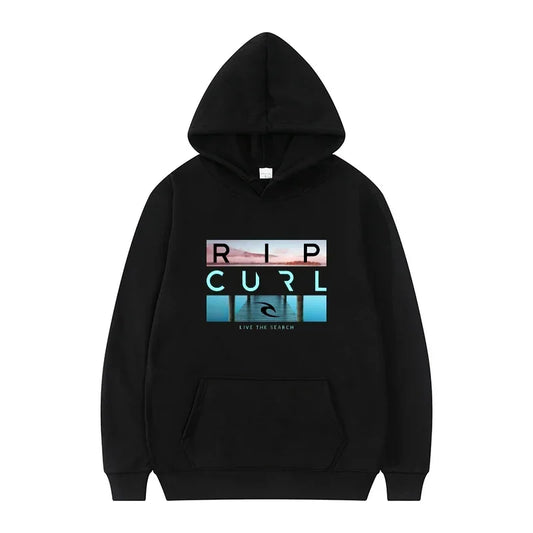 Men's hooded black casual street style sports shirt  suitable for surfing enthusiasts and fashion enthusiasts