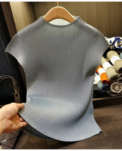 Miyake Versatile Classic Simple Solid Color Stand Up Collar Pleated Top Women Slim Slim Short Sleeve Miyake T-shirt Summer 2025