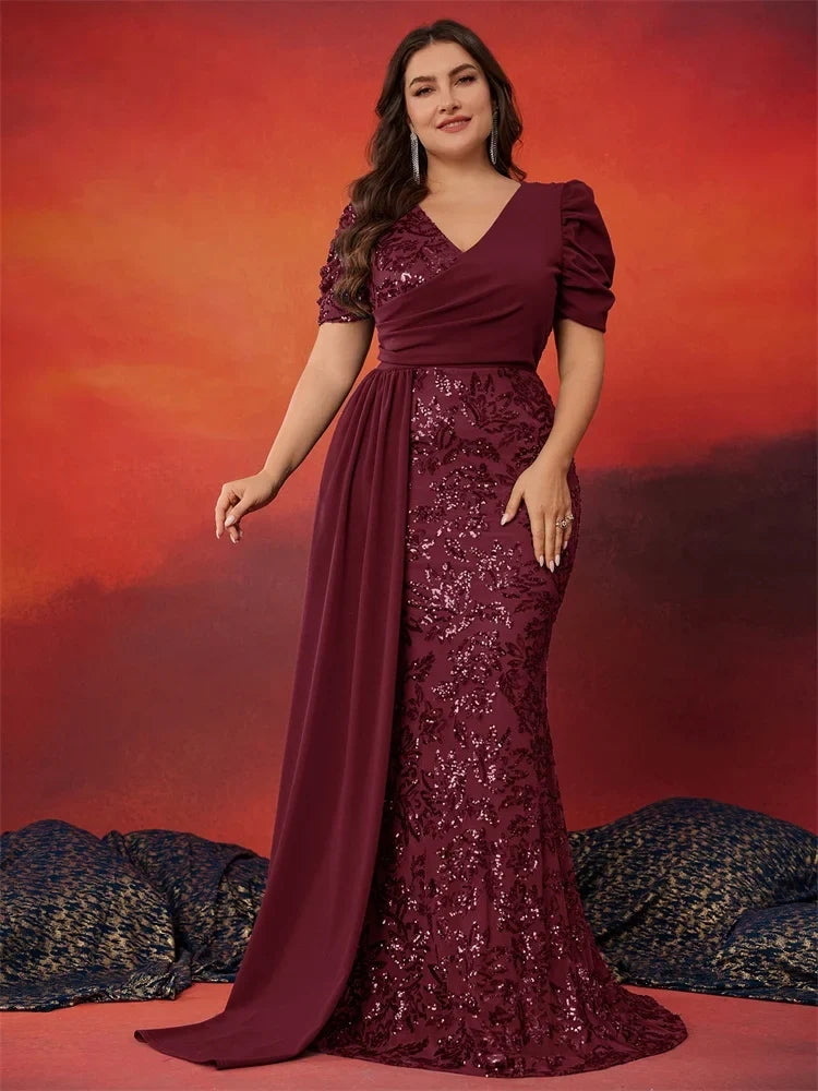 Plus Size Short Sleeve Ribbon Sequin Formal Evening Dresses Women Long Mermaid Wedding Party Bridesmaid Guest Gowns