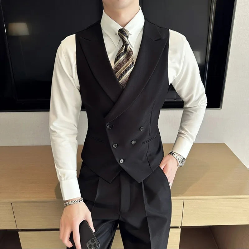 Man Waistcoat British Style Turn Down Collar Men Suit Vest Slim Sleeveless Single-breasted Male Business Casual Vest
