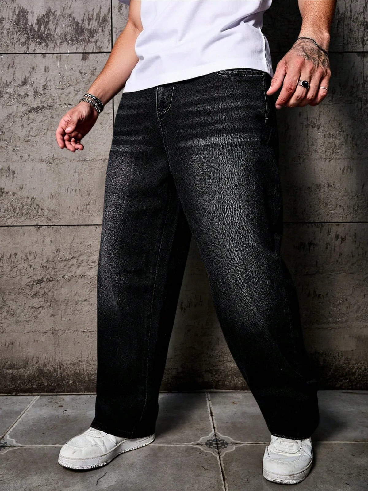 1pc Vintage Style Men's Black Washed Distressed Loose Wide Leg Relaxed Straight Jeans, Perfect Gift for Husband, Boyfriend