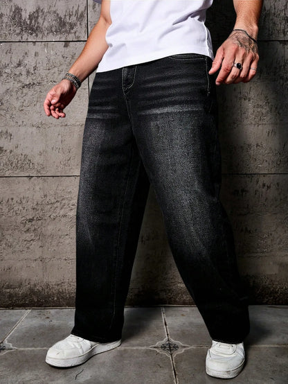 1pc Vintage Style Men's Black Washed Distressed Loose Wide Leg Relaxed Straight Jeans, Perfect Gift for Husband, Boyfriend