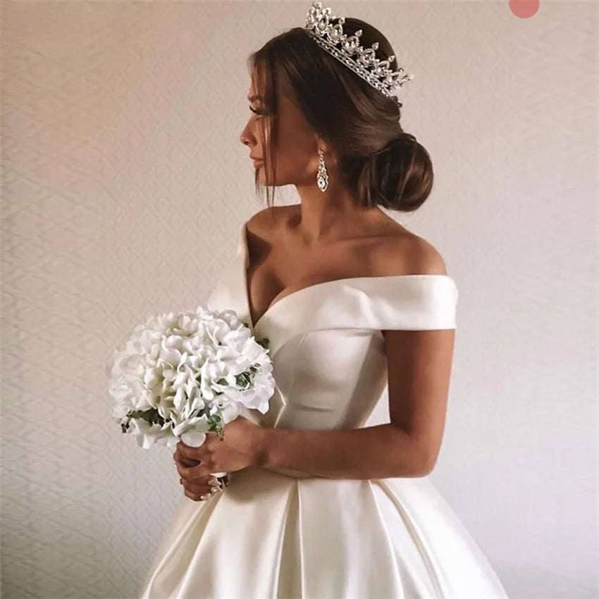 Simple Satin Wedding Dresses Sexy V-neck Off The Shoulder A-line Floor Length robe de mariée Fiesta De Boda